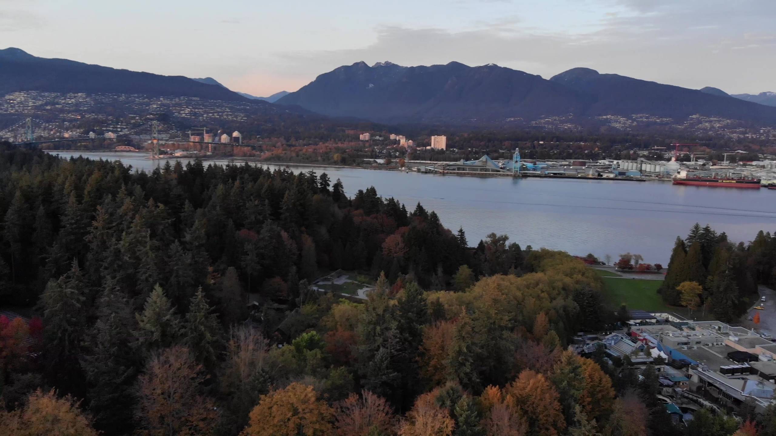 Golden hour aerial of Stanley Park Vancouver looking toward Coal Harbour and ships